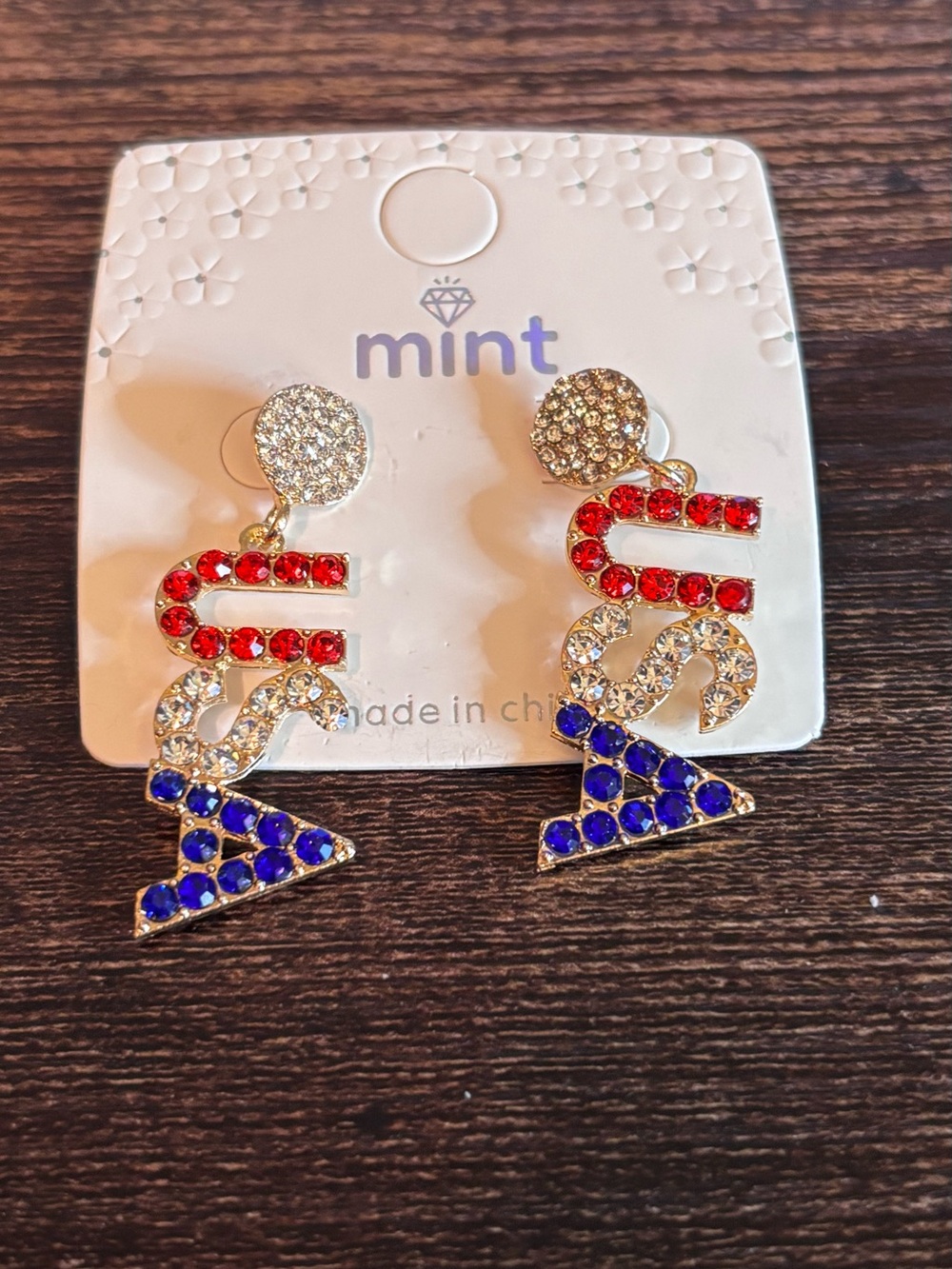 Gold Tone Red, Blue & Clear Crystal Drop Logo Earrings